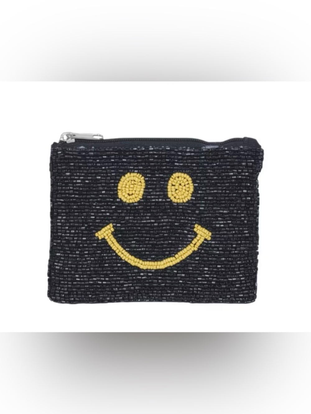 Beaded Smiley Zip Pouch in Black and Yellow